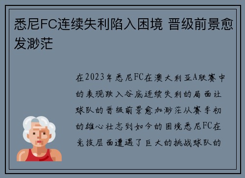 悉尼FC连续失利陷入困境 晋级前景愈发渺茫