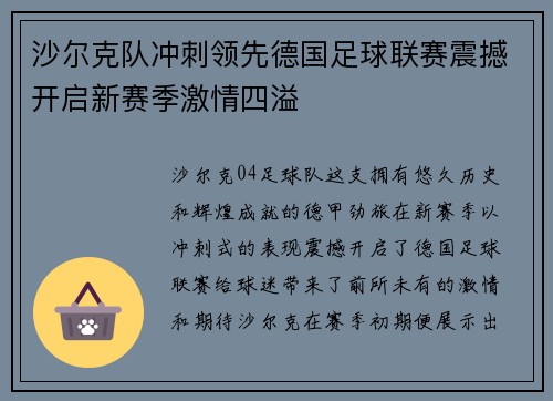 沙尔克队冲刺领先德国足球联赛震撼开启新赛季激情四溢