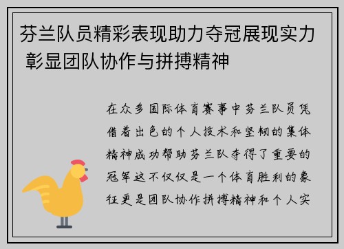 芬兰队员精彩表现助力夺冠展现实力 彰显团队协作与拼搏精神