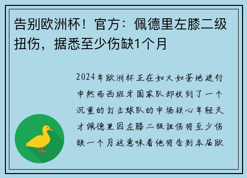 告别欧洲杯！官方：佩德里左膝二级扭伤，据悉至少伤缺1个月