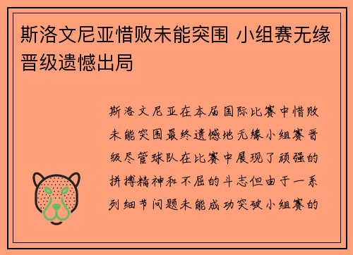 斯洛文尼亚惜败未能突围 小组赛无缘晋级遗憾出局