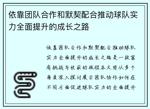 依靠团队合作和默契配合推动球队实力全面提升的成长之路