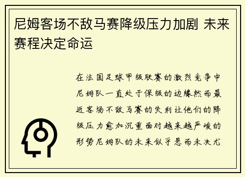 尼姆客场不敌马赛降级压力加剧 未来赛程决定命运