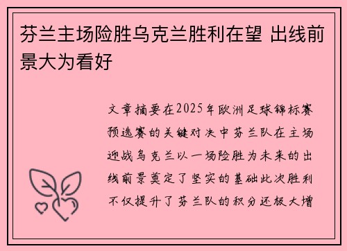 芬兰主场险胜乌克兰胜利在望 出线前景大为看好