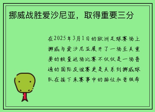 挪威战胜爱沙尼亚，取得重要三分