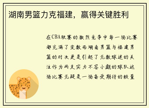 湖南男篮力克福建，赢得关键胜利