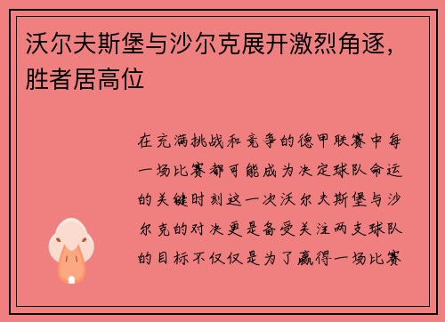 沃尔夫斯堡与沙尔克展开激烈角逐，胜者居高位