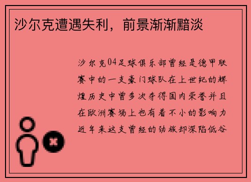 沙尔克遭遇失利，前景渐渐黯淡