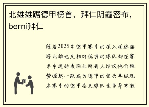 北雄雄踞德甲榜首，拜仁阴霾密布，berni拜仁