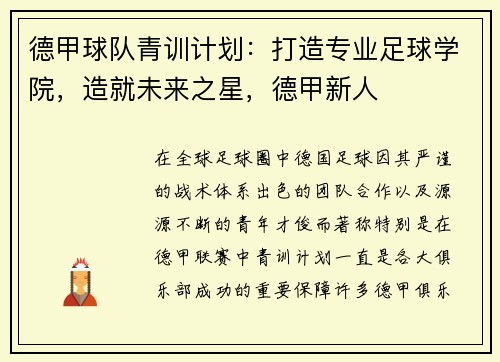 德甲球队青训计划：打造专业足球学院，造就未来之星，德甲新人