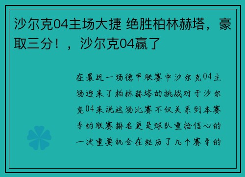 沙尔克04主场大捷 绝胜柏林赫塔，豪取三分！，沙尔克04赢了