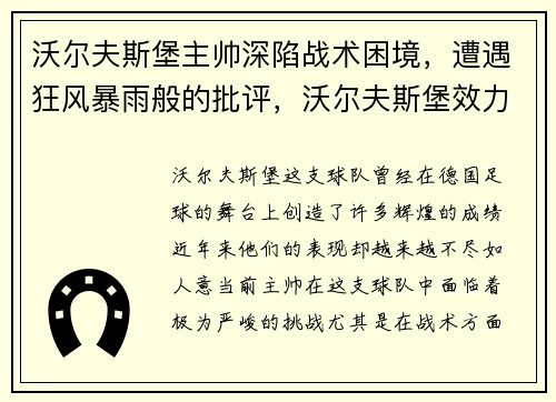 沃尔夫斯堡主帅深陷战术困境，遭遇狂风暴雨般的批评，沃尔夫斯堡效力过的球员