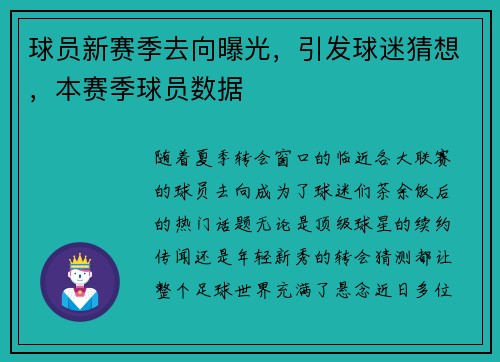 球员新赛季去向曝光，引发球迷猜想，本赛季球员数据