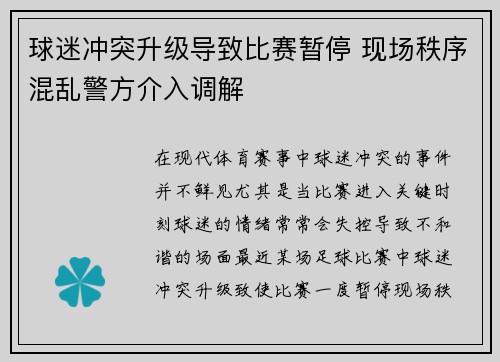 球迷冲突升级导致比赛暂停 现场秩序混乱警方介入调解