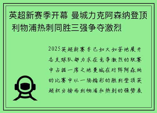 英超新赛季开幕 曼城力克阿森纳登顶 利物浦热刺同胜三强争夺激烈