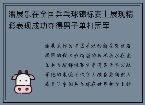 潘展乐在全国乒乓球锦标赛上展现精彩表现成功夺得男子单打冠军