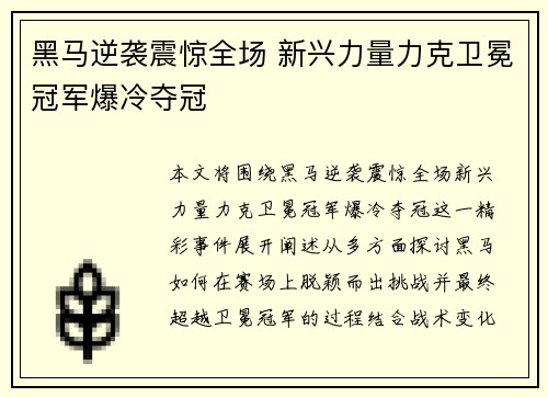 黑马逆袭震惊全场 新兴力量力克卫冕冠军爆冷夺冠